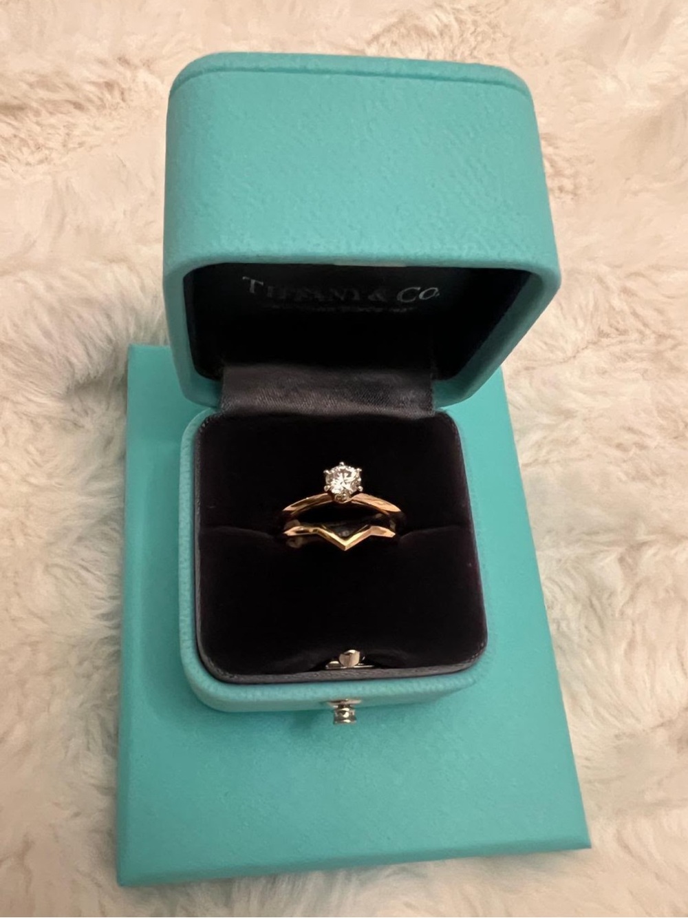 Tiffany & Co. Rose Gold Solitaire Engagement Ring with Chevron Band